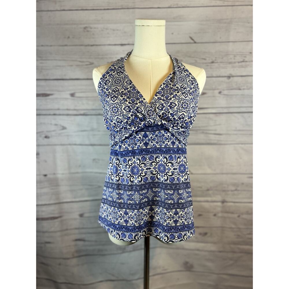 Lands’ End Blue Printed Halter Tankini Top Size 10 Swim Top Good Condition
